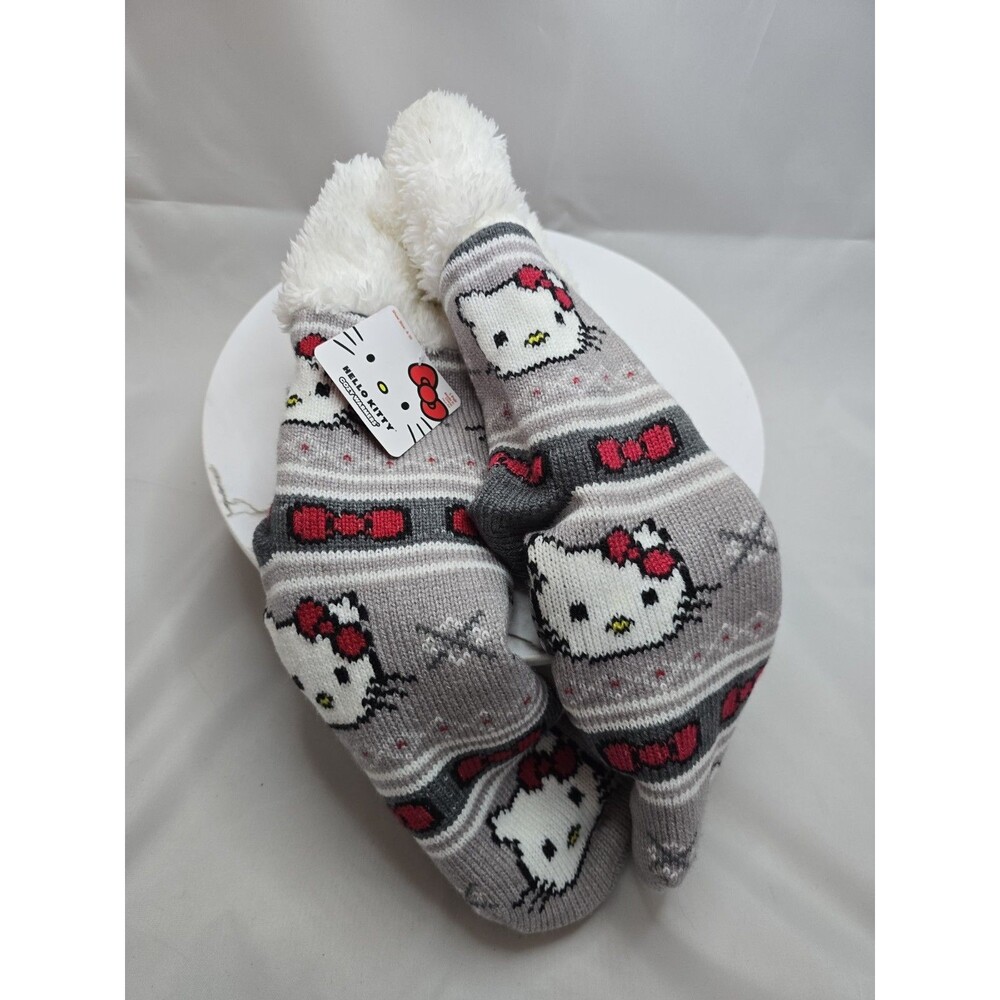 Hello Kitty Sherpa Lined Slipper Socks Non-Slip Cozy Plush Gray Pink New w Tags